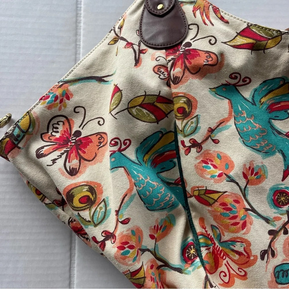 Lucky Brand Large Floral Bird Canvas Hobo Bag Tote Purse Bright Colorful VGUC - Picture 4 of 16